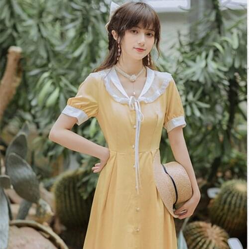 French Doll Collar Sweet and Cute Dress Summer Vestido Bowknot Chic Single-breasted Temperament Fairy Dress Women