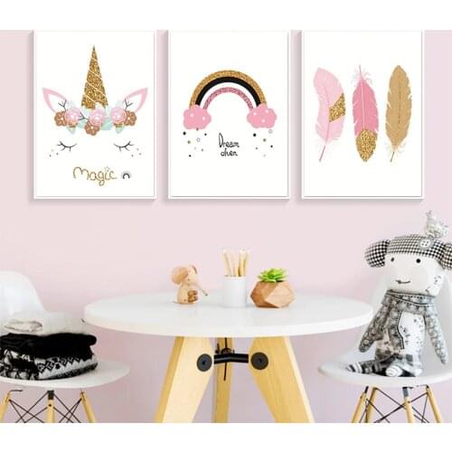 Cute cartoon pink unicorn canvas painting dream rainbow magic posters and print children room girl room wall decoration painting