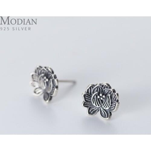 Modian Vintage Charm Black Lotus Stud Earrings for Women Classic Exquisite Trendy Jewelry 925 Sterling Silver Fine Brincos