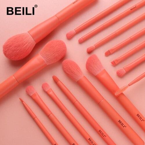 BEILI 15Pcs Makeup Brush Set Professional Coral Synthetic Hair Foundation Powder Blushes Eyebrow Eyeshadow Brush Makeup