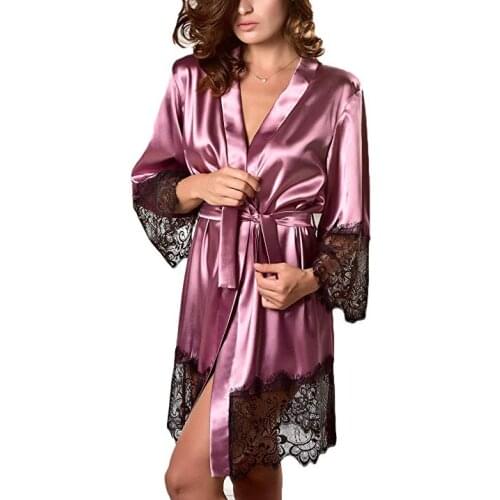 2017 New Hot Sexy Lingerie Silk Lace Black Kimono Intimate Sleepwear Robe Night Gown Black Purple Colors
