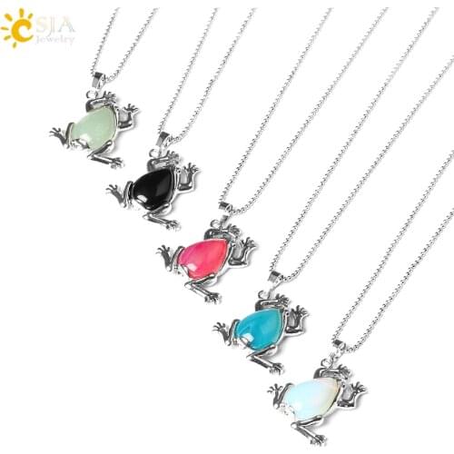 CSJA Lover Unisex Lovely Jump Frog Animal Pendant Necklace for Men Women Gem Crystal Quartz Lucky Natural Stone Jewellery E230