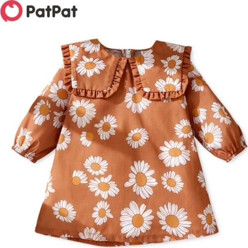 PatPat Baby Girl Daisy Floral Print Doll Collar Long Sleeve Dress
