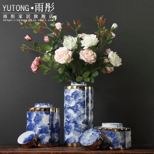 Gold-plated blue foam ceramic vase model room villa ceramic vase furniture decoration living room ceramic swedding decoration