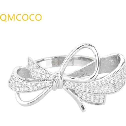QMCOCO 925 Silver Elegant Classic Bowknot Zircon Ring For Women Wedding Engagement Fashion Jewelry Gift Accessories