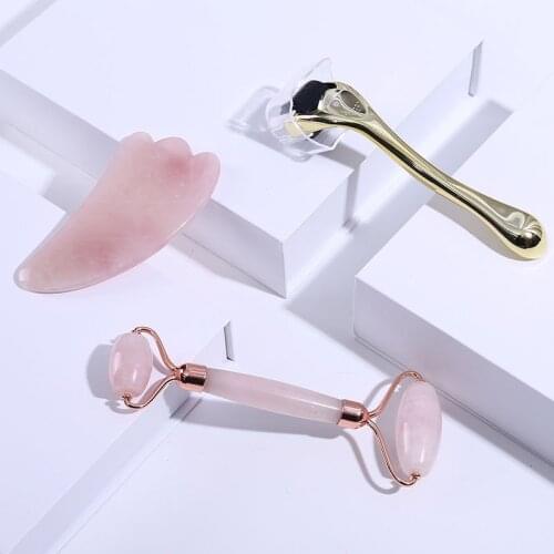 Rose Quartz Roller Massager Natural Jade Facial Massager Microneedle Roller Jade Scraper Weight Loss Face-lift Natural Care Tool
