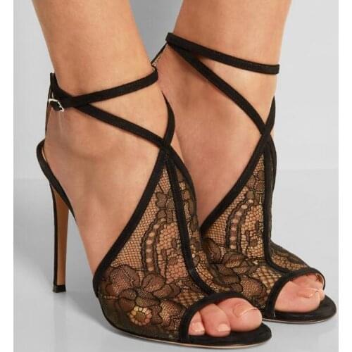 Sexy lady black lace high heel peep toe high heel sandal cross strap buckle black lace high heel sandals