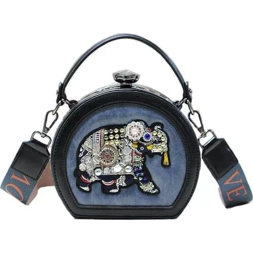 Retro style bag 2020 new elephant womens bag embroidered bag small handbag wide shoulder belt messenger small round bag