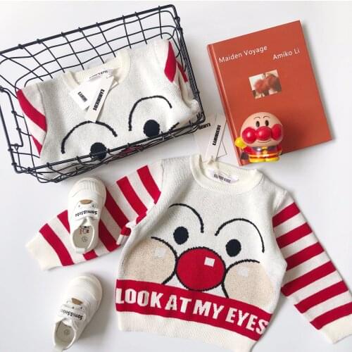 Tonytaobaby Autumn Winter Wear New Style Childrens Sweater Knitted Childrens Wear with Cartoon Pattern Stripes Color Sleeves