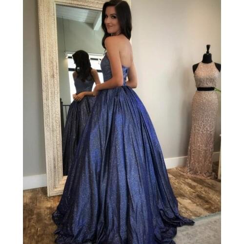 Long Navy Blue Prom Dresses with Pockets Glitter Sleeveless Robe De Soiree Floor Length Lace Up Back Formal Party Gown