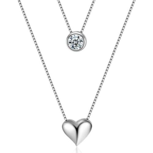 New Fashion Heart Shaped Double 925 Sterling Silver Jewelry Crystal Temperament Female Clavicle Chain Pendant Necklaces H334