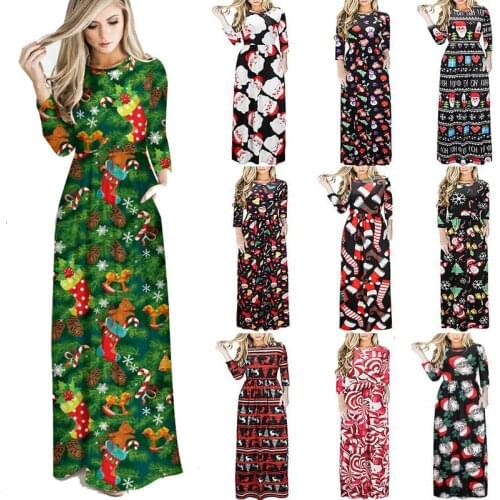 Women Christmas Tree Print Elegant High Waist Party Maxi Dress2020 Winter Christmas Dresses Casual O Neck Plus Size Navidad Robe