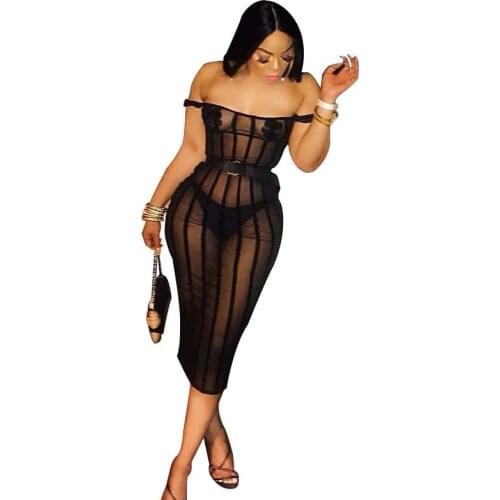 Women Sexy Mesh See-through Striped Dress with Pasties Slash Neck Off Shoulder Sheath Midi Party Dress Summer Bodycon Club Dress