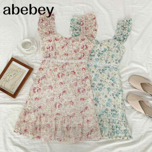 2021 New Summer Women Temperament All-match Print Dress Embroidery hook flower hollow Ruffles Dress