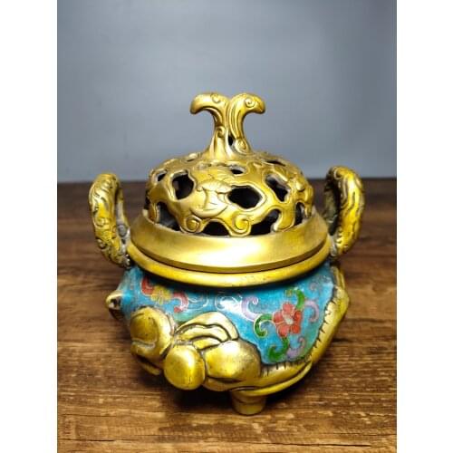 6" Tibet Buddhism Old bronze Cloisonne Enamel Elephant foot and ears incense burner Elephant statue incense burner Implication B