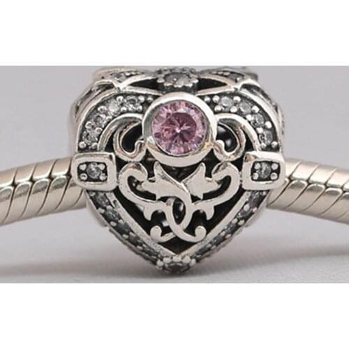 Authentic S925 Openwork Opulent Love Heart With Crystal Bead Charm fit Lady Bracelet Bangle DIY Jewelry