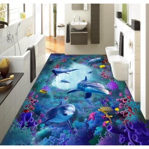 Home Decor 3D PVC Floor Wallpaper dolphin Wall paper 3d Self adhesive Sticker Living room Bedroom Bathroom Waterproof 3D Floor
