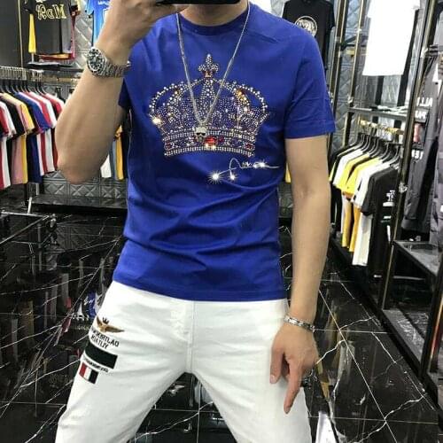 Mens T-Shirt New Korean Style Short Slim Top Fashion Design Brand Hot Diamond Big Crown