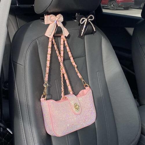 Fashion Diamond bow Car Seat Back Hooks Rhinestone Auto Organizer for Handbags Sparkling Bling Accessories