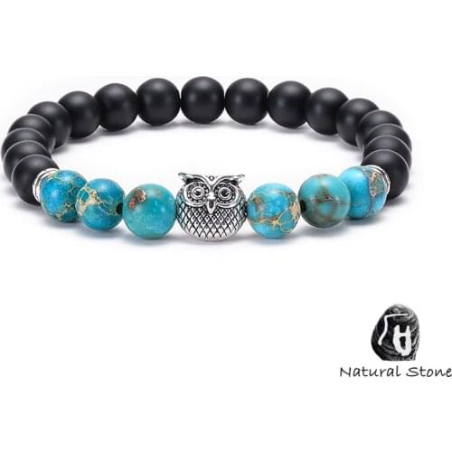 Trendy Men Tibetan Mala Bead Elastic Bracelet Natural Black Matte Stone Antique Owl Buddha Charm Bracelet 8MM Rosary