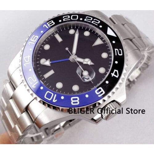Sapphire Crystal BLIGER 43MM Black Sterile Dial Blue Black Ceramic Bezel GMT Function Luminous Automatic Movement Mens Watch