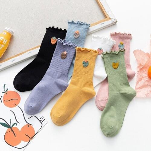 Cute Ruffle Socks Women Cotton short Strawberry lady Solid black Sock funny Fashion warm Sokken happy Casual harajuku Female sox