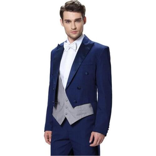 Peaked Lapel Navy Bule Swallow Tailed Coat Fashion Terno Masculino 3 Pieces(Jacket Pant VestTie) Handsome Popular Suits Fashion