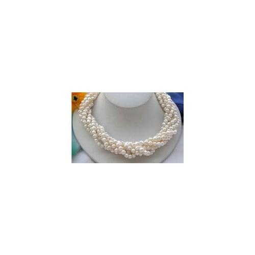 Nobility Woman natural jewelry 6row 4mm baroque white Freshwater cultured pearl NECKLACE 18-22 inch Genuine Lucky Ladys