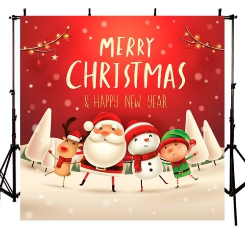 Merry Christmas and Happy New Year Backdrop Red White Snow Tree Santa Claus Snowman Elk Photography Backgrounds Photo Backdrop