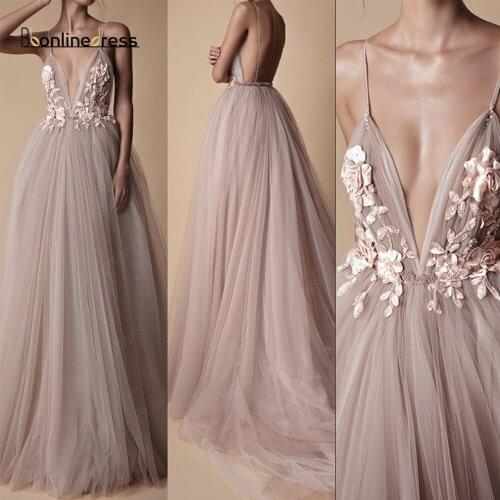Sexy Tulle Long Evening Dress 2020 Flowers Blush A Line Spaghetti Strap Special Occasion Prom Gowns vestido de festa