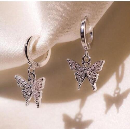 Lucky Gold/Silver Plated Zircon Crystal Butterfly Huggie Dangle Earrings for Women Drop Earring Engagement Wedding Jewelry Gifts