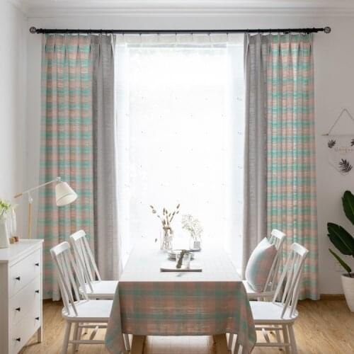 Northern European-Style Modern Simple Shade Floor Curtain Custom Literary Fan Bedroom Cotton Linen Plaid Curtain Fabric