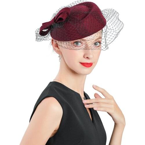 New Autumn Winter Wedding Woman Hat Red Vintage Wool Felt Cap Fedoras Flat Top Bow Veil Hat Church Bonnet Women Baby Top Hats