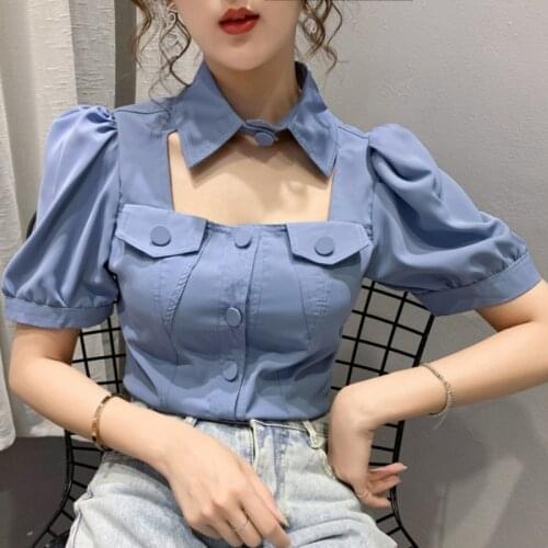 2020 Sexy Halter Women Blouse Summer Short Fashion Shirt Casual Solid Office Lady Tops Buttons Party Blusas With Pocket