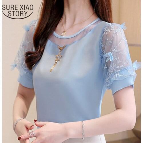 Womens summer blouses 2021 short sleeve plus size blouse women tops ladies solid chiffon blouse women shirts top female 3655 50