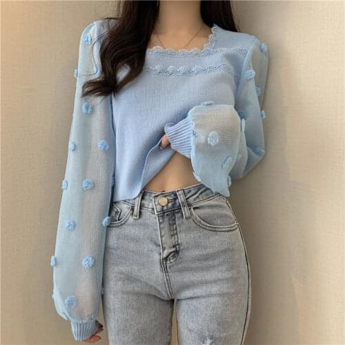 Woman Sweaters Womens Short Square Collar Off-Shoulder Wavy Sweater Chiffon Stitching Spring Small Shirt