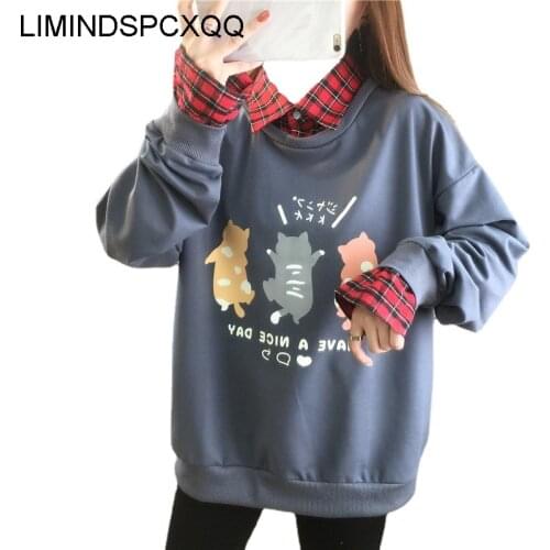 2021 Women Kawaii Cartoon Printed Sweatshirts Autumn Plaid Patchwork Oversize Long Sleeve Thin Casual Black Fake Two Pullovers