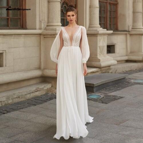 Lakshmigown Sexy Boho Bridal Dress Women A Line Wedding Dresses Puffy Chiffon Long Sleeve Wedding Gowns 2021 Vestido de Novia
