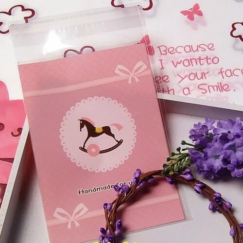 100pcs 10x10+3cm Pink Horse Bakery Cookie Candy Sweet Biscuit Gift Soap OPP Plastic Bag Party Baby Shower Wedding Decoration