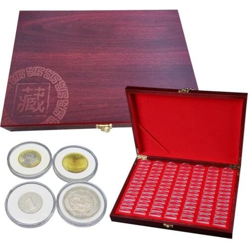 100Pcs Gift Coin Display Cases Capsules Storage Container Exhibition Multipurpose Coin Holder With Pad Wooden Box Portable