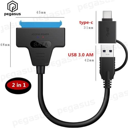 20cm / 50cm 2 in 1 USB 3.0 and type-C to SATA 22 Pin 2.5 Inch Hard Disk Driver SSD Adapter Cable Converter