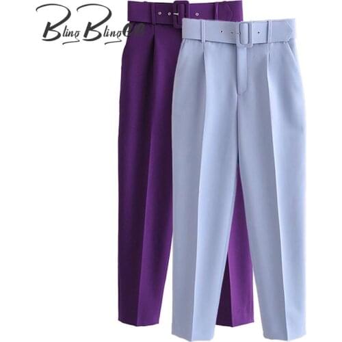 BlingBlingee ZA 2021 Women Blue Trousers Office Lady High Waist Straight Elegant Career With Belt Casual Ankle Length Suit Pants