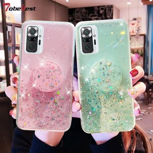 Silver Foil Phone holder case For Xiaomi Redmi Note 10 Pro Max 4G 5G Coque Bling Glitter Soft Silicone Stand Cover