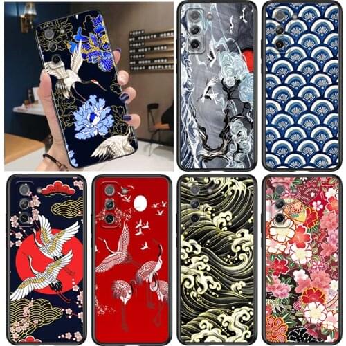 Japanese Crane Retro for Samsung Galaxy S21 Ultra Plus Note 20 10 9 8 S10 S9 S8 S7 S6 Edge Plus Black Phone Case