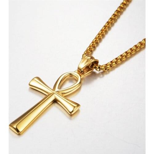 Egyptian Ankh Cross Necklaces Pendants Gold Color Stainless Steel Hieroglyphs Amulet Necklaces For Women Men Egypt Jewelry Gifts