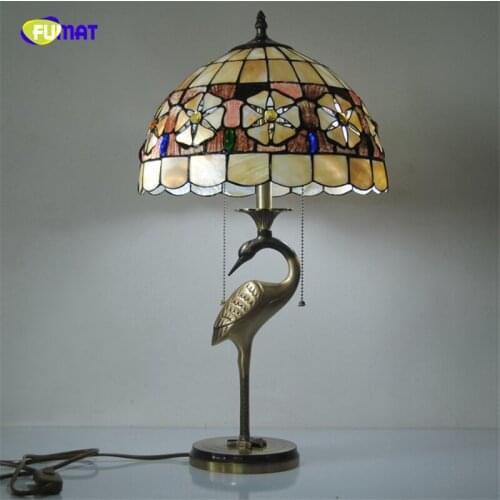 FUMAT Tiffany Floral Stained Glass Table Lamp Natural Shell Lampshade Flowers Crane Shape Lampholders Table Lights Bedroom Light