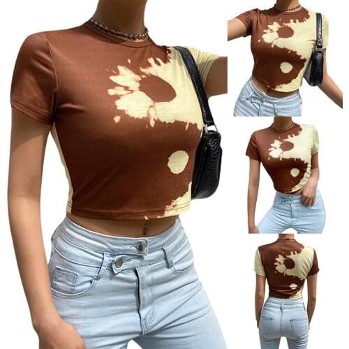 Womens Round Neck T-Shirts, Stylish Short Sleeve Yin Yang Graphic Slim Fit Crop Tops Summer New Fashion 2021