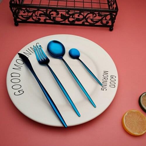 Hot sale Coating Light Crafts Bright Spoon Dinnerware Portuguese Style rainbow blue Knife fork spoon 4pcs set flatware tableware