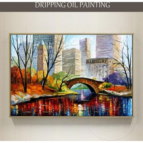 Hand-painted Abstract City Garden View Landscape Oil Painting on Canvas Palette Knife Bridge Oil Painting for Wall Decoration