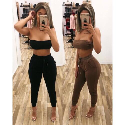Women Two Pieces Sports Set Sportswear Sleeveless Crop Top High Waist Pencil Pants Fitness Yoga Running Pants Lady Trousers